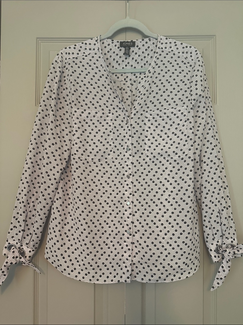 Jones New York White Blouse with Black Polka Dots